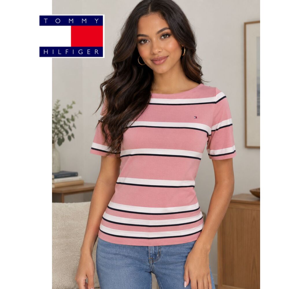 Tommy Hilfiger Pink Striped Quarter Sleeve Boatneck Top